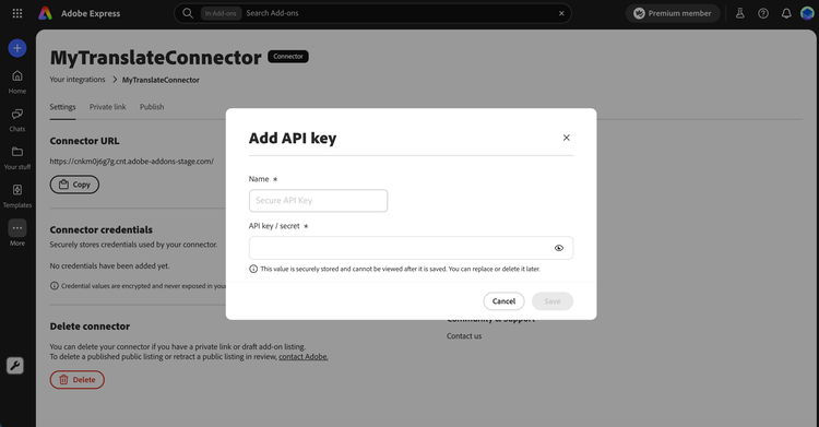 Add API key dialog with the Name field fixed to Secure API Key and the API key / secret field