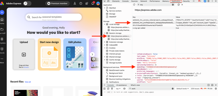 Browser DevTools Application tab showing Session storage for express.adobe.com, with the adobeid_ims_profile key selected and the ownerOrg field containing the IMS Org ID