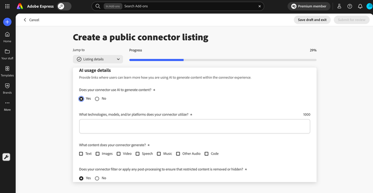 AI usage details section with Yes selected, showing technology, content type, and filtering questions