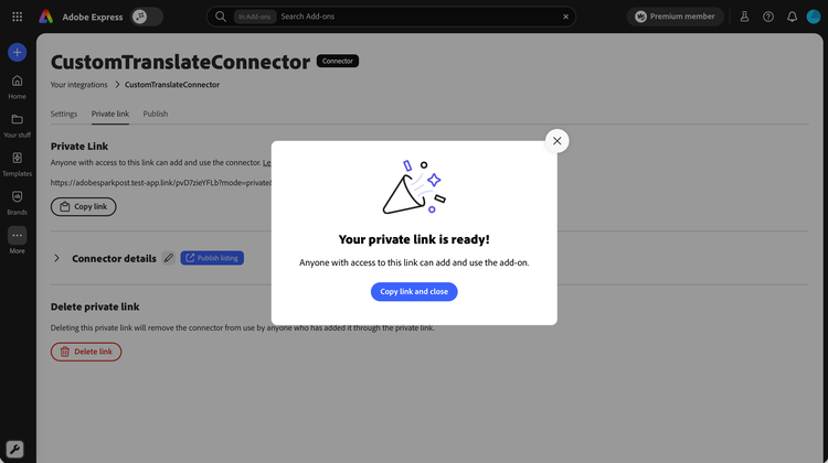 Success dialog confirming the private link is ready, with Copy link and close button