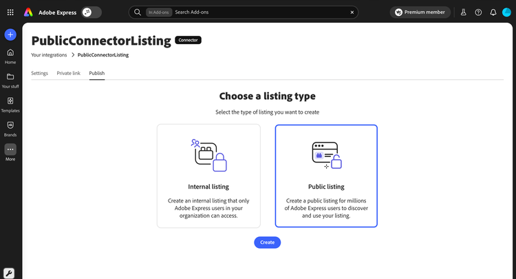 Publish tab with the Public listing card selected and the Create button enabled