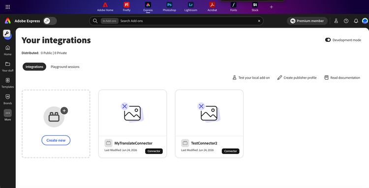 Your integrations view showing existing connector integrations and the Create new card