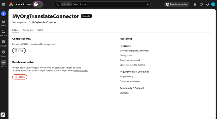 Connector settings tab showing the unique connector URL and Copy button