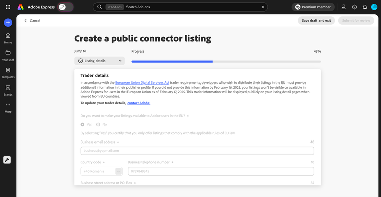 Trader details section in the public listing form with EU availability choice and business contact fields