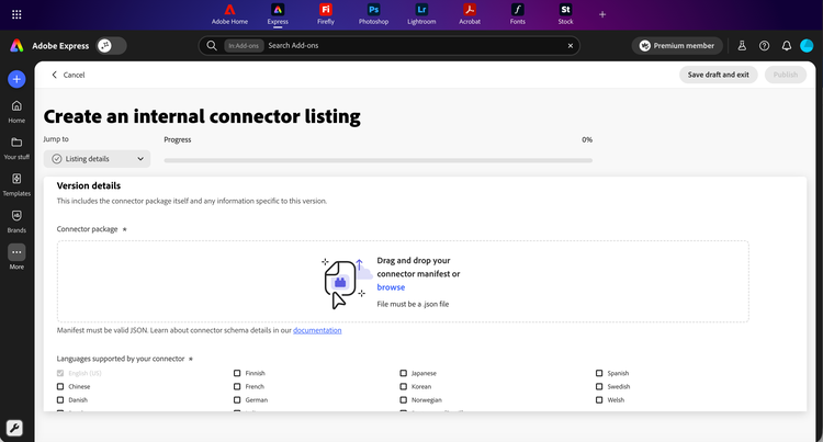 Connector manifest upload area and the languages checkbox grid