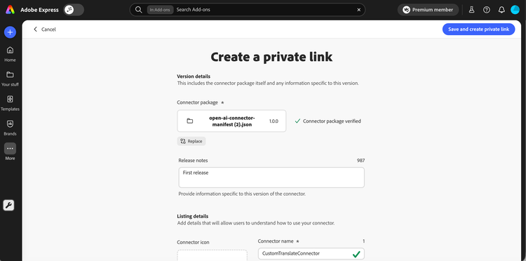 Create a private link form with manifest uploaded, release notes, and Save and create private link button enabled