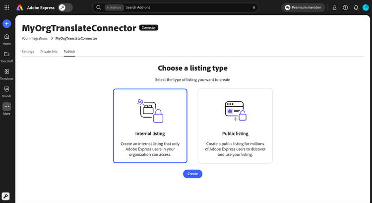 Internal listing card selected with the Create button enabled