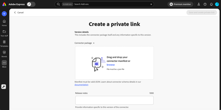 Version details section with the connector manifest dropzone and release notes field