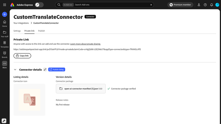 Private link tab showing the link URL, Copy link button, connector details, and Publish listing action