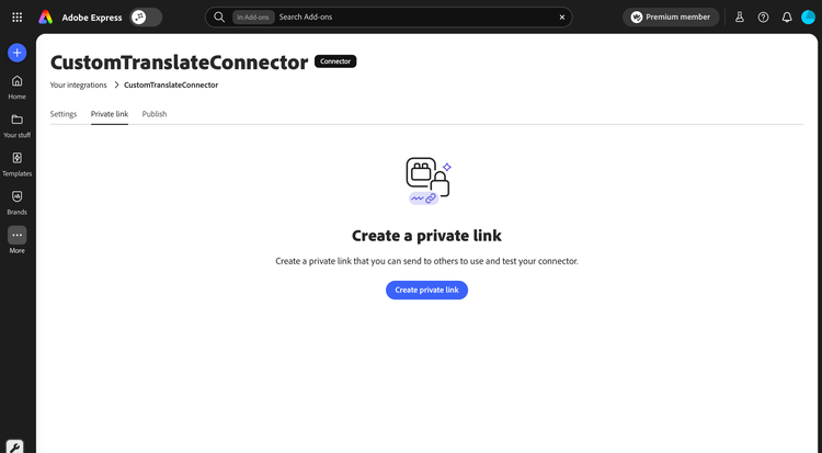 Private link tab showing the Create private link button for CustomTranslateConnector