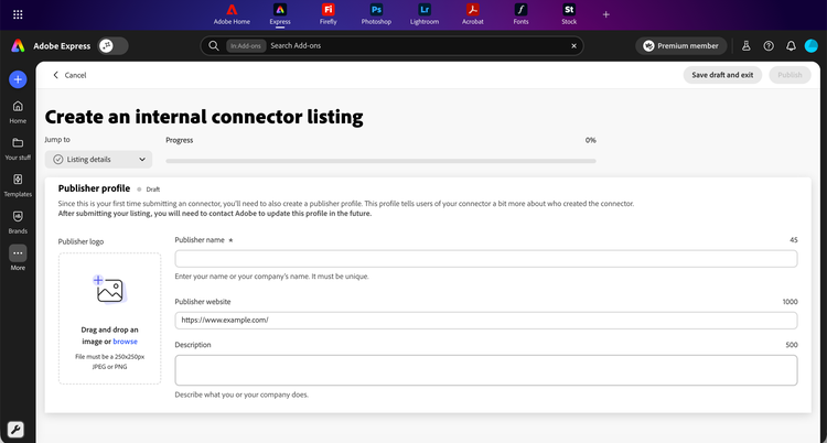 Publisher profile section with logo, name, website, and description fields