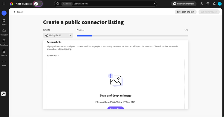 Screenshots section with drag-and-drop upload area and 1360x800 dimension requirement