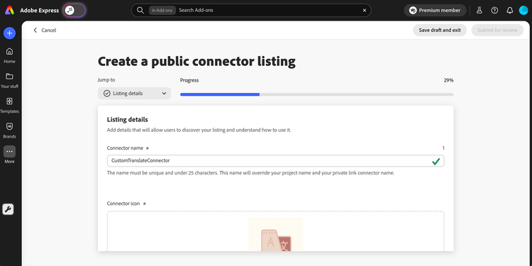Public listing form opened from a private link, with the connector name and icon prefilled
