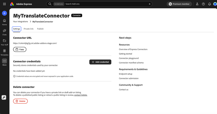 Connector credentials section in the Settings tab before a credential has been added, showing the Add credential button