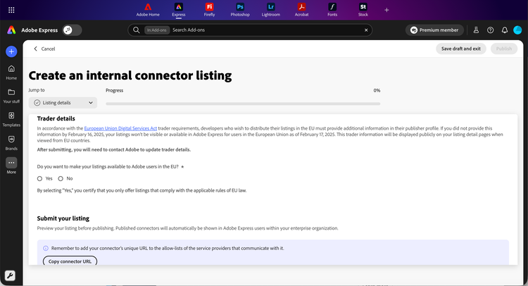 Trader details section with the Yes/No choice for EU availability