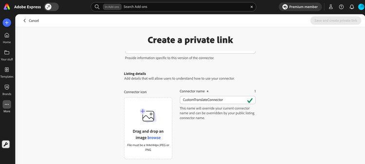 Listing details section with icon upload area and connector name field showing a green checkmark