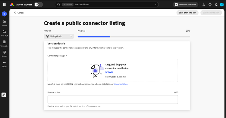 Version details section with connector manifest upload area and release notes field