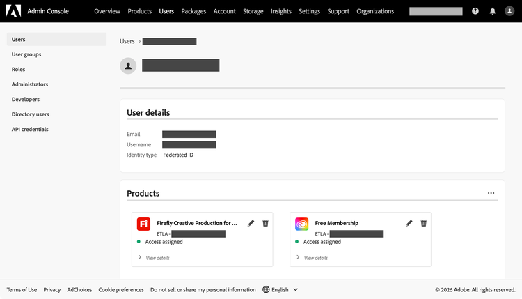 Admin Console User Products