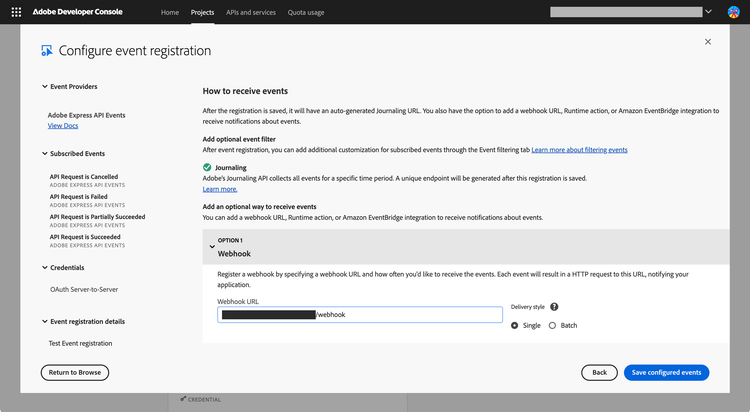 Developer Console Configure Event Registration