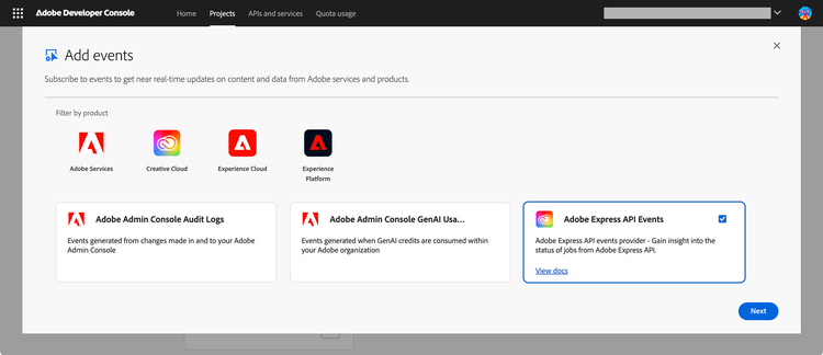 Developer Console Express API Events