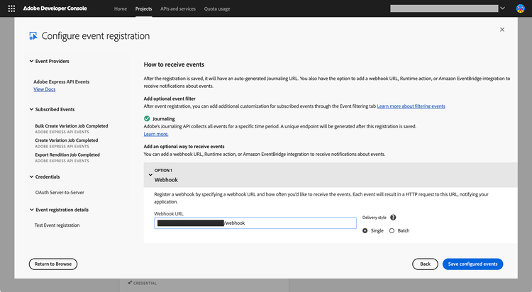 Developer Console Configure Event Registration