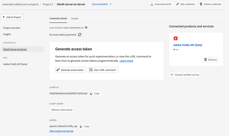 OAuth Server-to-Server credential page
