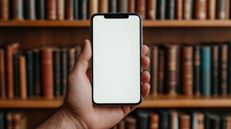 Background image of a hand holding a phone in front of a bookcase