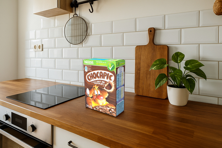 Image of the composite, the cereal box on the kitchen countertop