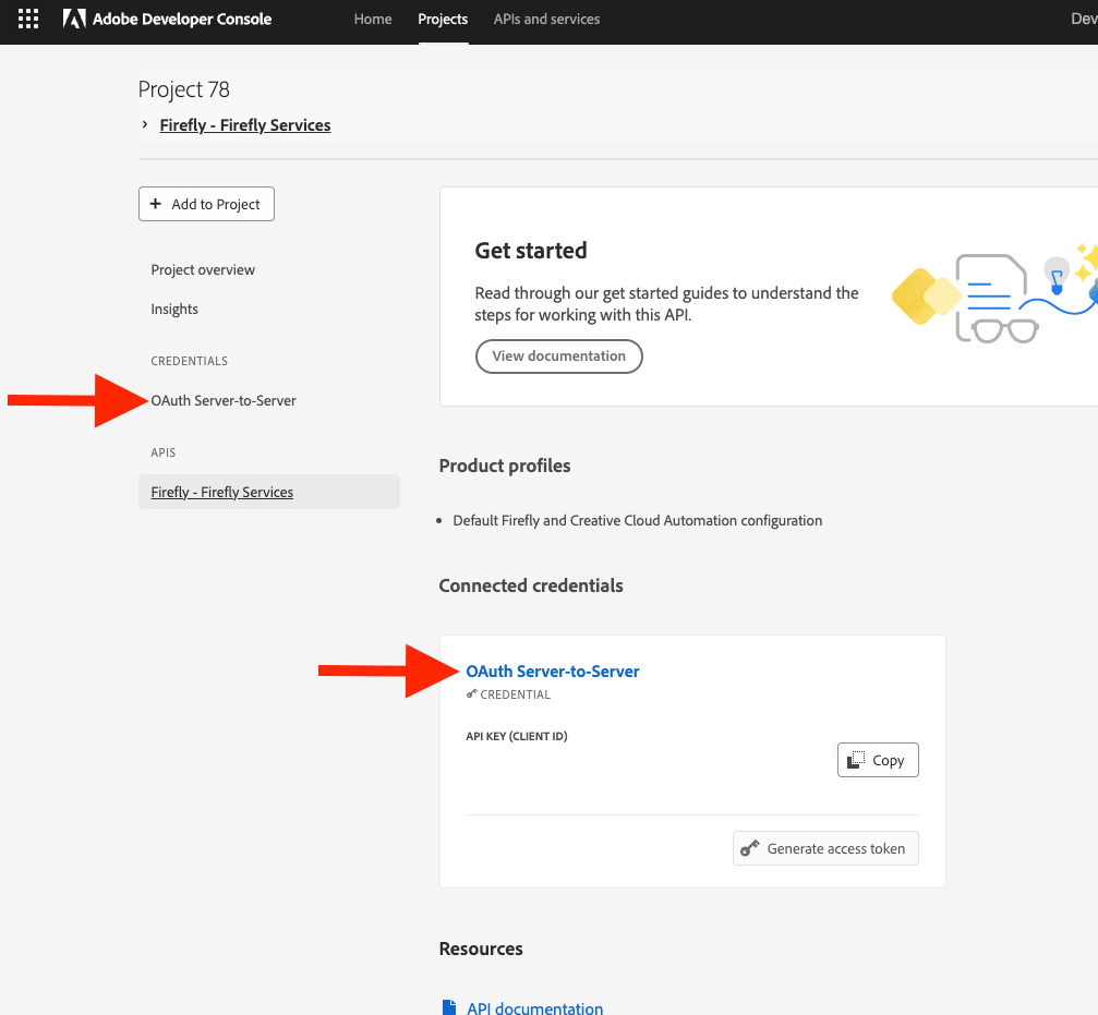 Project credentials screenshot