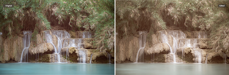 A small waterfall in a forest with a waterfall in the foreground and a tree in the background, before and after