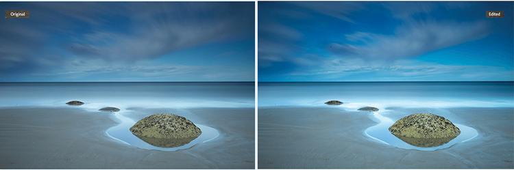 An image of an island in the sea with Auto Tone applied, before and after