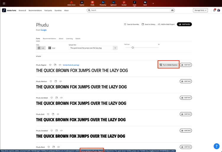 Adobe Fonts page for Phudu with the Try in Adobe Express link and the fontPostscriptName parameter highlighted