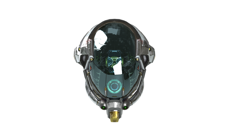 A spaceage helmet seen from the front