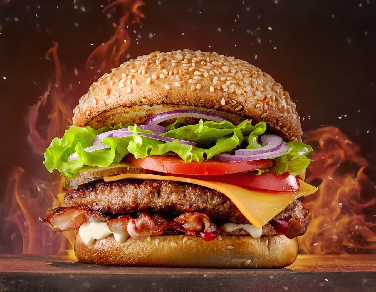 a picture of a burger with a fiery background and enhanced lighting