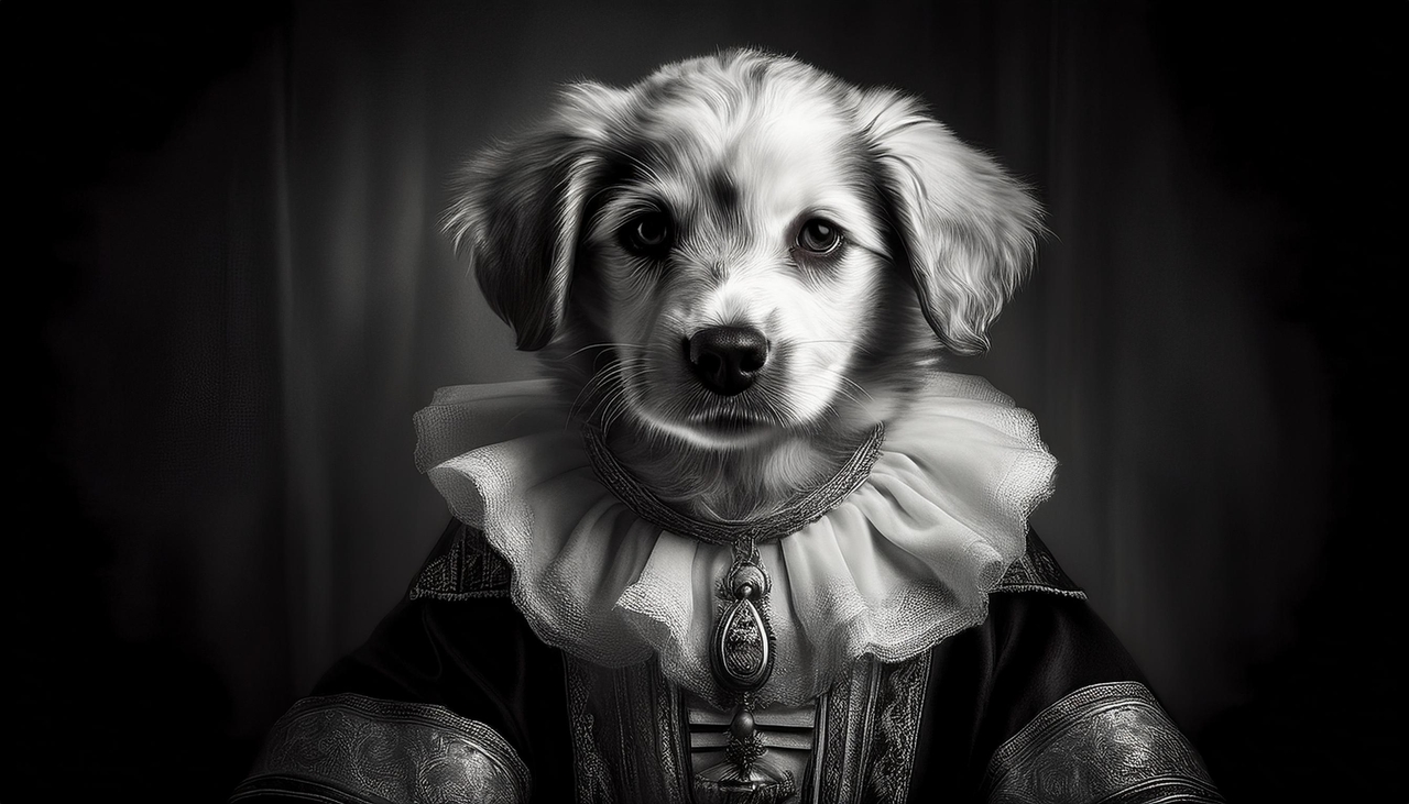 a picture of a puppy dressed as a renaissance artist