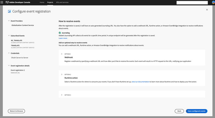 Event registration details - journaling selected