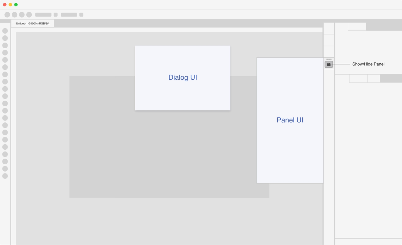 Mock up screenshot of a generic Adobe Creative cloud app with a modal dialog titled "Dialog UI" and a panel titled "Panel UI" being open