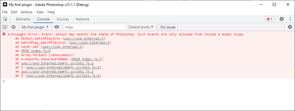 Chrome Developer Tools showing an error: "Uncaught Error: Event: select may modify the state of Photoshop. Such events are only allowed from inside a modal scope"