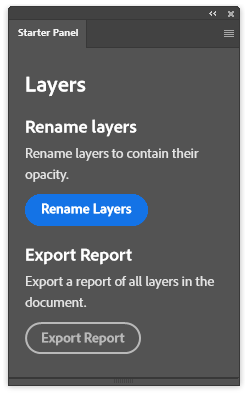 Photoshop panel with two buttons: "Rename Layers" and "Export Report"