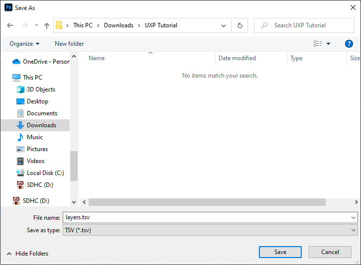 A native Windows 10 file saving dialog with a file type "TSV" and a pre-selected name "layers.tsv"