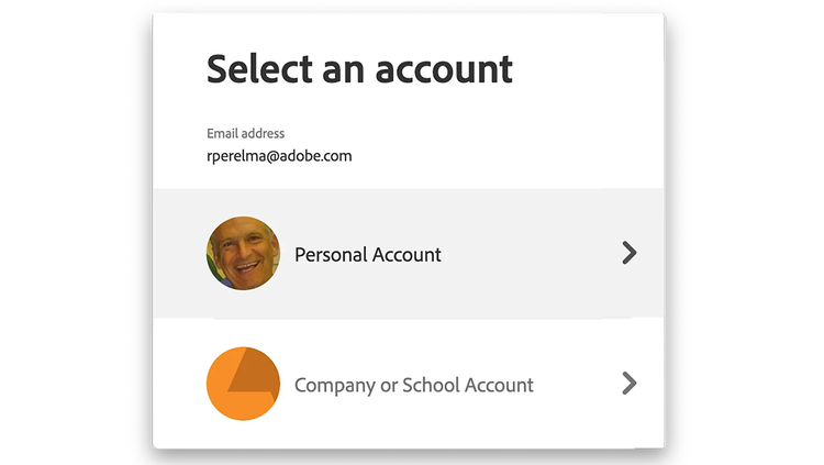 Screenshot of the Select an Account dialog showing Personal Account and Company or School Account