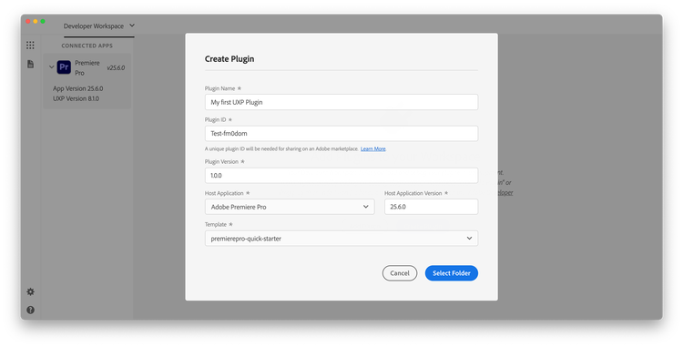 UXP Developer Tool - Create Plugin Dialog