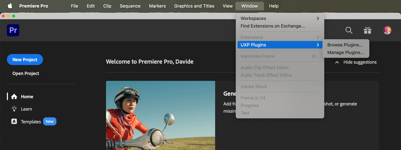 Premiere UXP Plugins menu