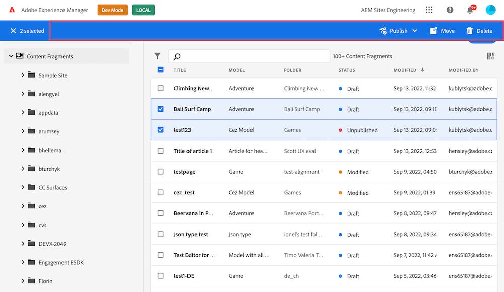 Action Bar - AEM Content Fragments Console Extensibility