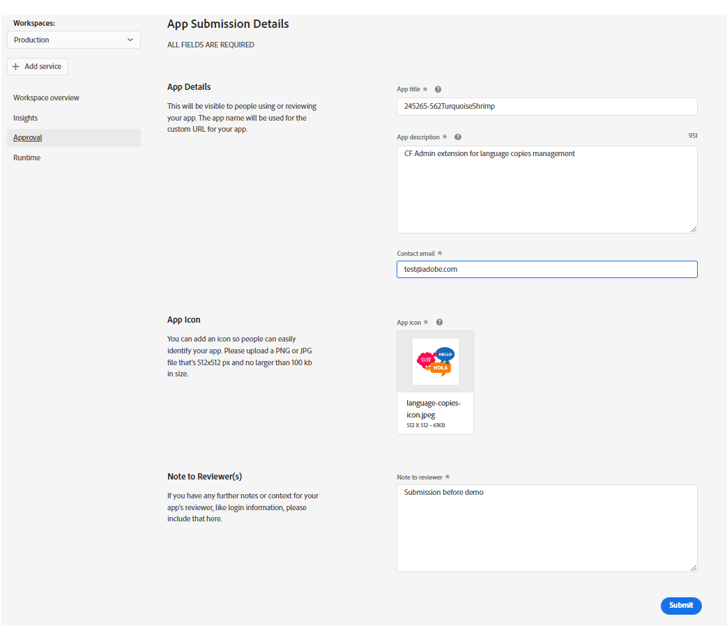 App Submission Details forms