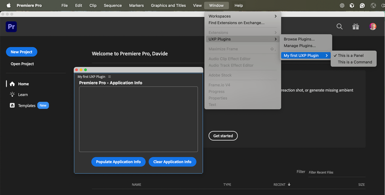 A command entrypoint in the host application's UXP Plugins menu