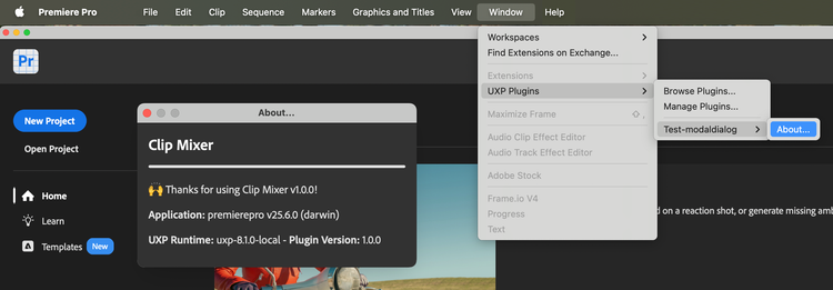 An About dialog opened from a UXP command