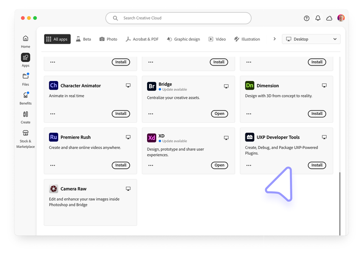 Creative Cloud desktop app showing the Install button for UXP Developer Tools