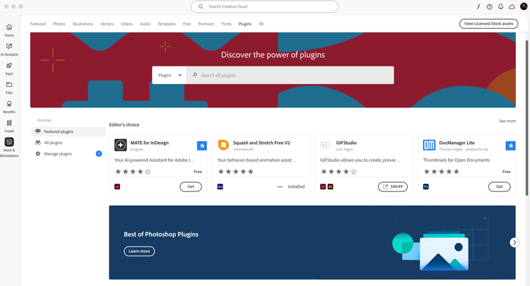 Creative Cloud Desktop Plugins tab showing featured plugins and categories