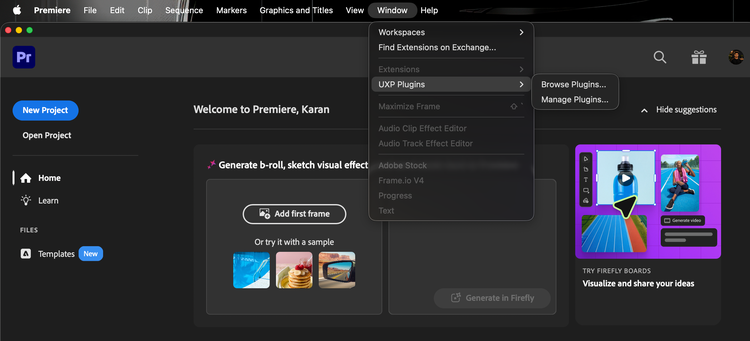 Premiere Window menu showing the UXP Plugins submenu with Browse Plugins and Manage Plugins